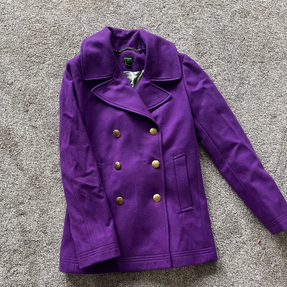 Gorgeous purple JCrew Wool Coat sits at the hips.  Perfect length very stylish